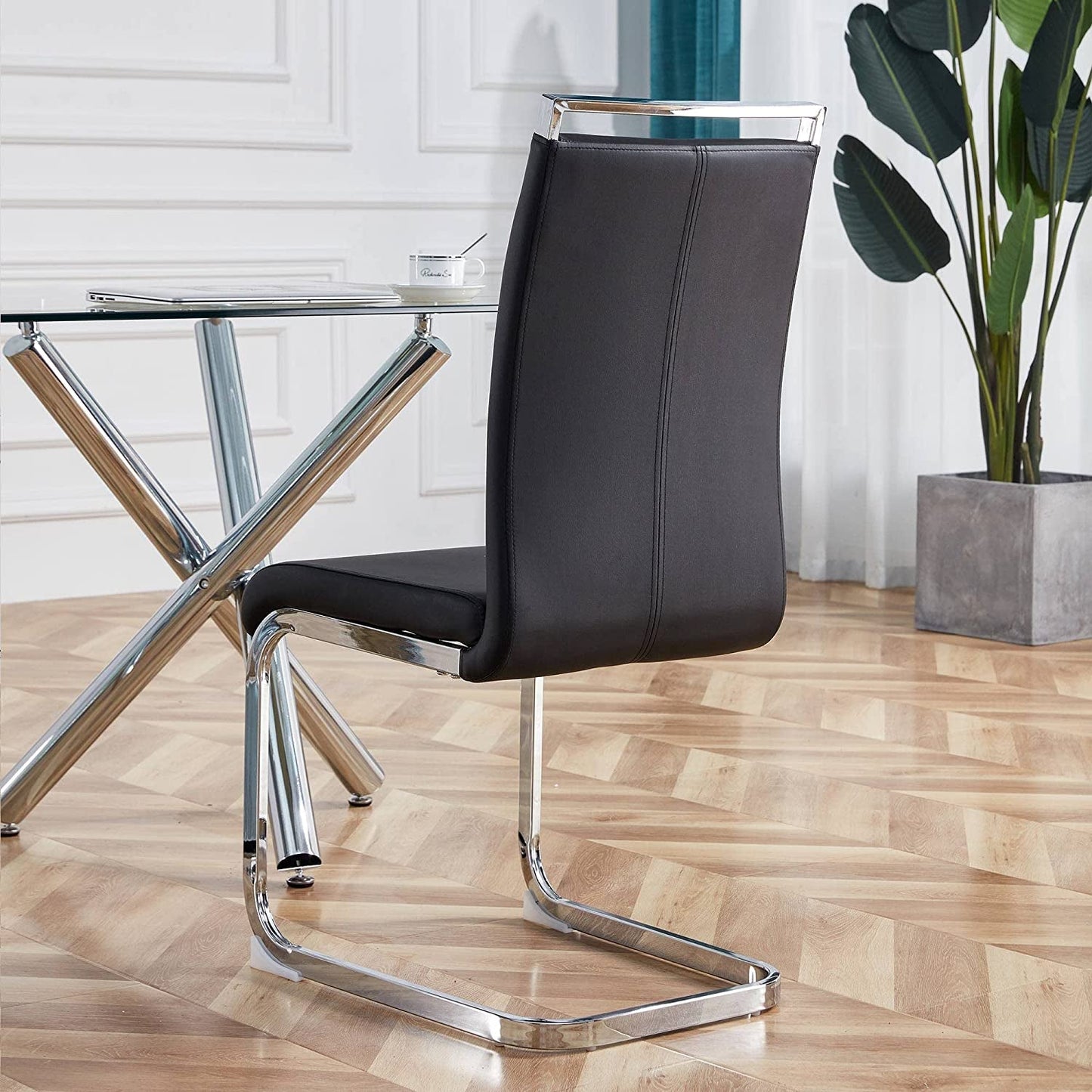 Set of 4 Black Metal Dining Chairs with Faux Leather Cushioned Seats – Modern Style