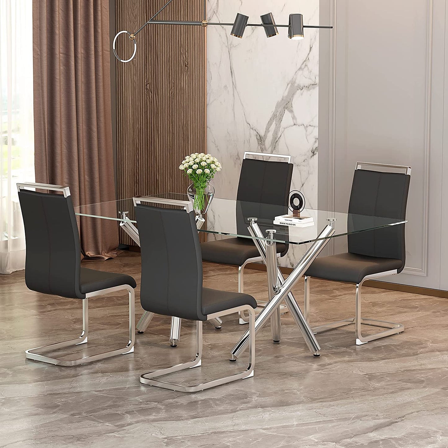 Set of 4 Black Metal Dining Chairs with Faux Leather Cushioned Seats – Modern Style